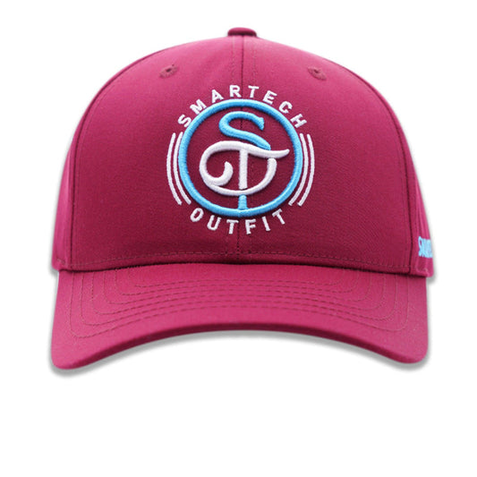 A burgundy baseball cap with a white embroidered smiley face logo on the front. Stylish and perfect for casual wear