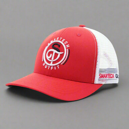 Red and white trucker mesh cap, stylish truckers cap, breathable trucker hat cap for outdoor wear.